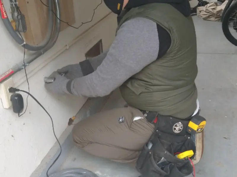 Electrician performing outlet wiring in a Worcester garage